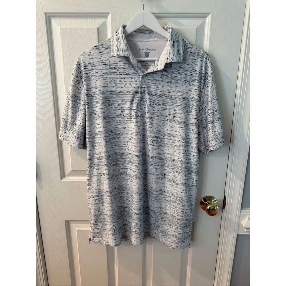 Hickey Freeman Green & White Digi Print Golf Polo Shirt sz M EUC